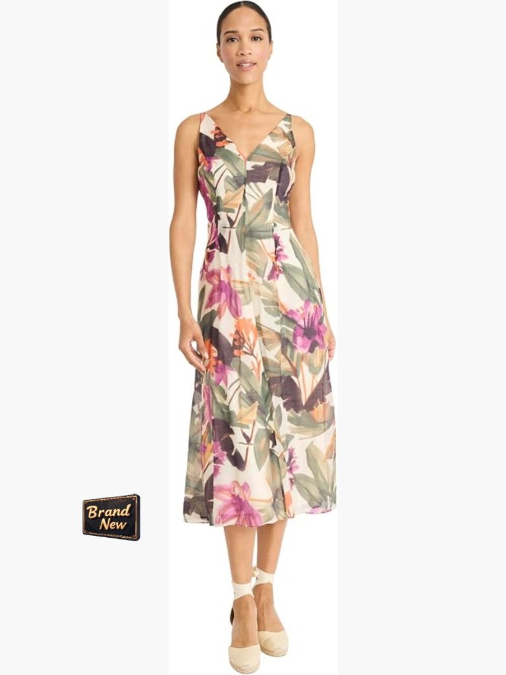 V-Neck Sleeveless Floral Midi Dress with Pockets